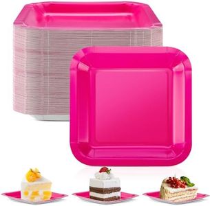 Dandat 50 Pack 7 Inch Paper Plates Appetizer Square Plates Disposable Cake Plates Disposable Tableware for Birthday Party Supplies Holiday Lunch Metallic Foil Dessert Anniversary (Hot Pink)