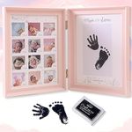 HomeCloud Baby Picture Frame First Year, Baby Handprint and Footprint Kit with Ink Pad, 12 Month Milestones Baby Gift, Anniversary Growth Record Keepsake for Mom/Newborn (12 Photo_Pink)