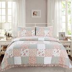 Cozy Line Home Fashions 100% Cotton Real Patchwork Floral Coral Pink Ruffled Shabby Chic Girly Reversible Quilt Bedding Set, Coverlet Bedspread (Sweet Roses, King - 3 Piece)