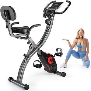 Multifunctional Magnetic Exercise Bike : Ultra-Quiet, Foldable, 8-Level Resistance [Includes Resistance Bands, Heart Rate,LCD Monitor, iPad Mount] Good for Home Cardio Training (Red&Black)