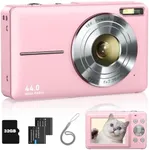 Lecran Digital Camera, FHD 1080P Kids Camera with 32GB Card, 2 Batteries, Lanyard, 16X Zoom Anti Shake, 44MP Compact Portable Small Point Shoot Camera Gift for Kid Student Children Teen Girl Boy(Pink)