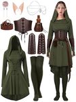 SOMSOC Women Renaissance Fairy Costumes Medieval Hooded Robe Lace Up Dress Accessories Traditional Set for Halloween Cosplay