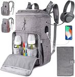 Large Diaper Bag Backpack for Twins or Two Kids, Expandable Grey Baby Diaper Bag for Mom Dad Extra Large Travel Diaper Backpack with USB Charging Port, Changing Pad, Stroller Straps