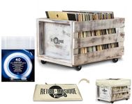 Retro musique Wooden 12” LP Vinyl Record Storage Crate on Wheels Holds up to 100 albums (In PVC Sleeves) with Hessian Cloth Cover (White Wash Finish)