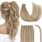 Sunny Hair Ponytail Extension Human Hair Wrap Around Ponytail Extension Straight Pony Tails Hair Extensions Clip in Ponytail Hair Extensions for Women 80G Ash Blonde Highlight Golden Blonde 14inch