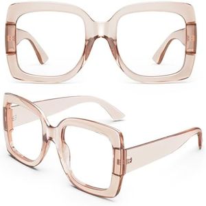 GQUEEN Oversized Fake Glasses Women Men Retro Thick Big Square Frame Clear Lens UV400 Protection Fashion Eyeglasses,Champagne