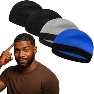 4PCS Silky Stocking Wave Cap for Men, Good Compression Over Durag (Blue+Silver+Black)