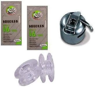 Zenith Combo of HA-16 Needles, Pack of 2 (Total 10 Needles) + 1 Bobbin case .+ 5 Bobbins Compatible with All Automatic Machines Steel finish