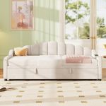 Ball & Cast 3ft Single Daybed with Pull out Trundle Bed&Charging Station&Storage, Functional Upholstered Bed Frame with Wooden Slats, Velvet Sofa Beds Guest Beds for Living Room&Bedroom, Beige