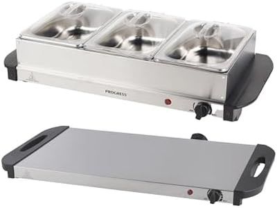Progress EK3664P Electric Buffet Server - 3 Pan Hot Plate, 3 x 1.5L Removable Sections And Lids, Food Warmer Tray, 200W Portable Chafing Dish, Adjustable Temperature, Bain Marie, Catering Serving Tray
