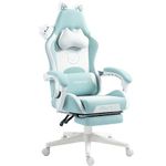 Dowinx Gaming Chair Cute with Cat Ears and Massage Lumbar Support, Ergonomic Computer Chair for Girl with Footrest and Headrest, Comfortable Reclining Game Chair 290lbs for Adult, Teen, Blue Green