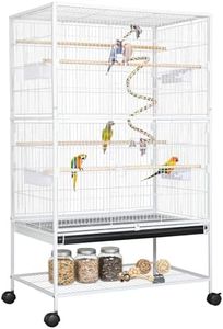 LIFERUN 132cm Large Bird Cage, Budgie Cage with 360° Braked Wheels, Indoor Parrot Cage with 4 Feeding Bowls, Bird Aviary with Toys, Wooden Perches & Storage Shelf for Cockatiel Sun Conure