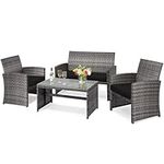 DORTALA 4 Piece Patio Furniture Set, Outdoor Wicker Conversation Set with Soft Cushions & Tempered Glass Coffee Table, Rattan Patio Sofa Bistro Sets for Courtyard Balcony, Black