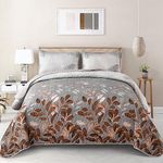 WONGS BEDDING Brown Floal Quilt Set Queen Size,3 Pieces Summer Bedspread Coverlet Set,Soft Microfiber Lightweight Floral Bedding Set Queen 96"x90"