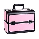 Professional 12.6 inches Large Makeup Train Case 4 Trays Cosmetic Cases, Large Makeup Storage Organizer Box with Lock GreenLife® Aluminum Frame Black/Pink Big Opening Enlargeable items Rounded corners