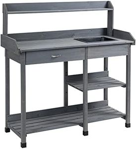 Outsunny Table de rempotage Multi-équipée Table de Jardinage avec tiroir, 3 étagères, évier, 3 Crochets - Table de Plantation Bois Sapin pré-huilé Gris