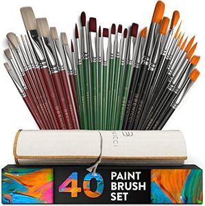 40 Pieces Professional Artist Paint Brush Set with Storage Case - Includes Round and Flat Art Brushes with Hog, Pony, Nylon Hair Bristles - Perfect for Acrylics, Watercolor, Gouache, Oil and Fabric