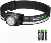 NEXTORCH eStar 1300 Lumens Headlamp Rechargeable, Running LED Headlight Extra Lightweight with Spot & Flood, Red Light, Waterproof Headband for Outdoor Camping Hiking Working, 3*AAA Batteries, Black