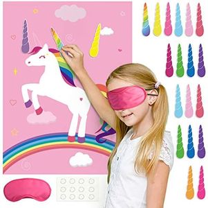 FEPITO Jeu de fête d'anniversaire Pin The Horn on The Unicorn avec 24 Cornes pour décorations de fête de Licorne, Fournitures de fête d'anniversaire de Licorne pour Enfants (Rose)