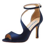 ELEGANTPARK Women's Peep Toe High Heels Ankle Straps Buckles Satin Evening Party Prom Sandals, Navy Blue, 6