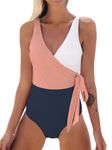 CUPSHE Women's One Piece Swimsuit Wrap Over Swimwear Knotted Color Block Bathing Suit Swimming Costume Pink White XS