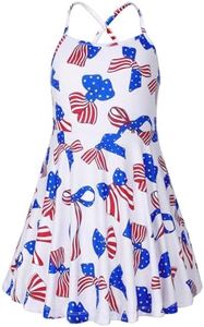 JESKIDS Girls Summer Cami Spaghetti Strap Dress Patriotic 4th of July Dresses Flag Bowknot 4-5 T