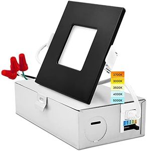 LUXRITE 3 Inch Square Ultra Thin LED Recessed Light with J-Box, 8W, 5 Color Options 2700K | 3000K | 3500K | 4000K | 5000K, Dimmable Wafer Light, 540 Lumens, Black Trim, Energy Star, IC Rated