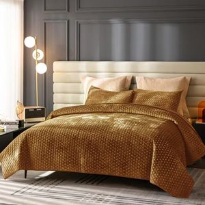Rosecret Velvet Quilt King,Luxurious Quilted Velvet Comforter Set,Oversize Bedspread Coverlet with Brushed Back,Ultra Soft Cozy Warm for All Season,Gold Caramel,King