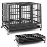 PETSITE 38 Inch Foldable Metal Dog Crate, Heavy Duty Dog Cage with 2 Lockable Doors, Removable Tray, Lockable Universal Wheels, Indoor Outdoor Dog Kennel for Medium Large Sized Dogs (Large)