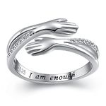 Hug Ring, S925 Sterling Silver Hugging Hands CZ Open Ring Engraved I am Enough Embrace Statement Promise Anniversary Ring