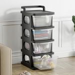 JD Fresh 4 Tier Plastic Drawer Organizer with Wheels/Transparent Modular Drawer Storage for Clothes/Toys Organizer for Kids Room/Multipurpose Storage Rack for Living Room/Office (Black & Transparent)