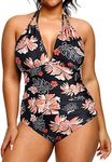 BeachQueen Women Plus Size One Sexy Piece Swimsuit Ruched Swimwear Orange Floral