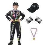 KUKIKUKI Race Car Driver Costume Boys Racer Jumpsuit With Car Cap Kids Dress Up for Halloween (Black, 110)