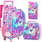 ZLYERT 3Pcs Rolling Backpack for Girls Boys, Kids Roller Backpack with Wheels, Unicorn Dinosaur Mermaid Wheeled Bookbag, Unicorn-piink, One Size, G109