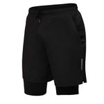 Athmonk 2in1 Hybrid Workout Shorts for Men and Women - Active Wear Running Shorts Tights for Sports Gym - Hidden Mobile Pocket & Zipper Back Pocket - with Double Inner Compression Liner - Black, XL