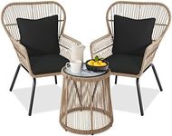 Best Choice Products 3-Piece Patio Conversation Bistro Set, Outdoor All-Weather Wicker Furniture for Porch, Backyard w/ 2 Wide Ergonomic Chairs, Cushions, Glass Top Side Table - Natural/Black