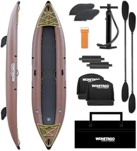 WONITAGO PVC Inflatable Kayak with Drop Stitch Floor, Recreational Touring Kayak with Kayak Paddle, Hand Pump and Carrying Bag, 2 Person, Brown