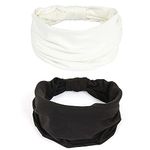 GILI 2 Pack Wide Headbands for Women Boho African Knotted Non Slip Fashion Hair Bands Yoga Running Sports Workout Gym Head Wraps Elastic Soft Cotton Cloth Turbans Bandana for Girls (White,Black)