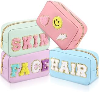 Sanwuta 4 Pcs Chenille Bag Preppy Patch Makeup Bag Cosmetic Bag Chenille Letters Toiletry Bag PU Leather Waterproof Portable Pouch Travel Organizer, Blue, Pink, Green, Purple, Fresh Style