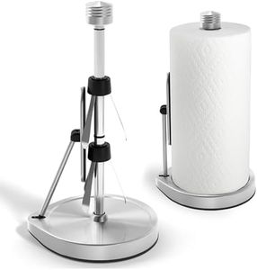 Stainless Steel Tension Arm Paper Towel Holder - Easy One-Handed Operation - This Sturdy Weighted Paper Towel Dispenser Countertop Model Has Suction Cups and Holds All Paper Towel Rolls (Silver)