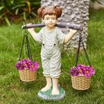 Large Flowers Girl Garden Statue In Stone, Flower & Succulent Planter, Pot Carrying Plants, Pots, Adorable Yard Decor | Indoor & Outdoor Ornament Cute Figurine Lawn, Patio, Home Decoration - 15” x 15”