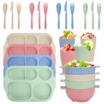 Unbreakable Dinnerware Sets for 4 People,24pcs Divided Plates and Bowls Set for School Children Adult, Reusable Plastic Plates, Cups, Bowls, Cutlery Set for Party, Camping, Home, Office