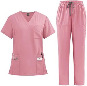Women Scrubs Set V-Neck Stretch Tops with Pockets & Cargo Pants Jogger Nurse Work Uniform Quick Drying Pink L