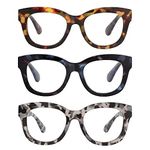 AMOMOMA 3 Pack Retro Oversized Reading Glasses for Women Blue Light Blocking Computer Readers Spring hinge AM6003 with Brown+Blue+Grey Tortoise Frame 1.00 x