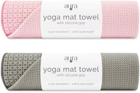 S&T INC. Yoga Mat Towel with Non-Slip Grip, Enhanced Silicone Grip, Soft and Absorbent for Gym, Pilates, and Hot Yoga Mat, 2 Pack, 24 inches x 72 inches, 340GSM, Pink and Grey