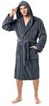 NY Threads Mens Dressing Gowns Fleece Fluffy Hooded Bathrobe Men Warm Luxury Housecoat and Nightgown, Large, Grey