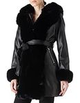 RISISSIDA Faux Leather Jacket Women Faux Fur Long Fuzzy Fleece Lined Coat with Hooded Collar Fall and Winter Fashion, Plus Size Oversized Pleather Thermal Heavy Belted Warm Overcoat Black 088 XX-L