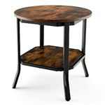 CASART Round End Table, Wooden Sofa Side Table Small Coffee Table with Shelf, Steel Frame Bedside Table Industrial Nightstand for Bedroom Living Room Office