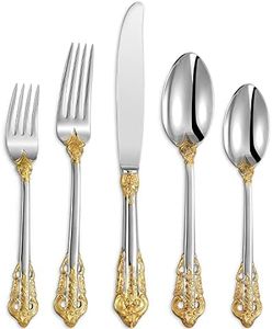 KEAWELL Luxury 20 Pieces 18/10 Stainless Steel Flatware set, Service for 4, silver plated with gold accents, Fine Silverware set and Dishwasher Safe (Gold Accent)