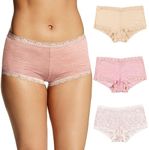 Maidenform Women's Microfiber Pack, One Fab Fit Boyshort Panties with Lace, 3-Pack, Latte Lift/Pink Heather/Peach Swirl, Medium